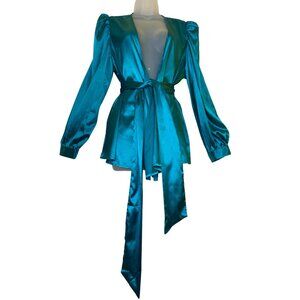 Teal Satin Blouse With Belt Plus Size 2XL Pinup Retro Glamour Hollywood top Sexy